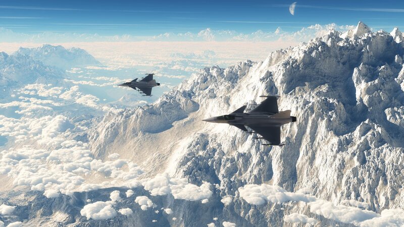 Fighter Jets over Mountains — Blue, Dramatic, Morning, 3d Render, Clouds, Moon