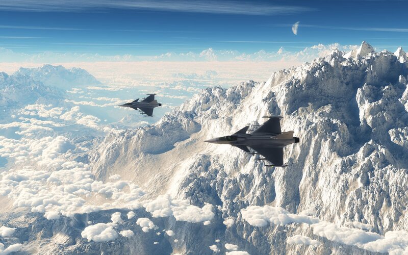 Fighter Jets over Mountains — Blue, Dramatic, Morning, 3d Render