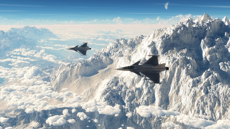 Fighter Jets over Mountains — Blue, Dramatic, Morning