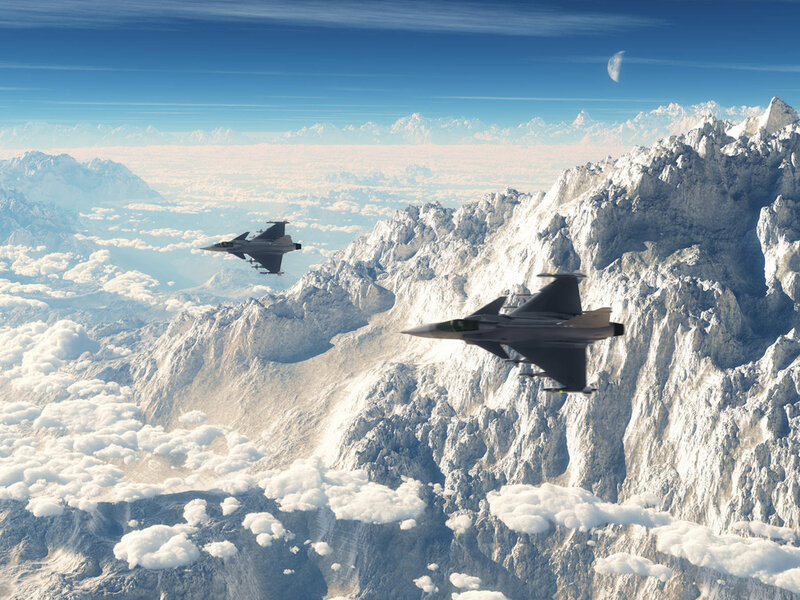 Fighter Jets over Mountains — Blue, Dramatic