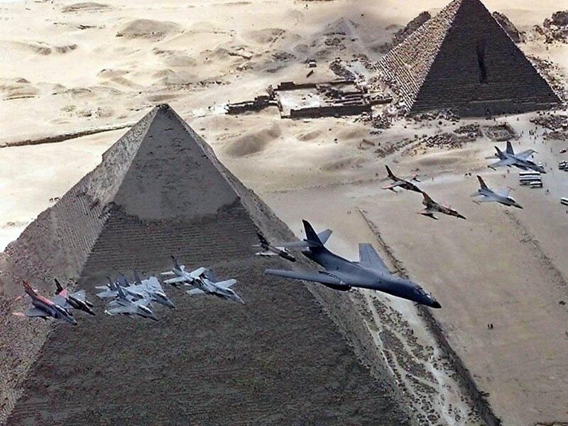 Fighter jets over pyramids