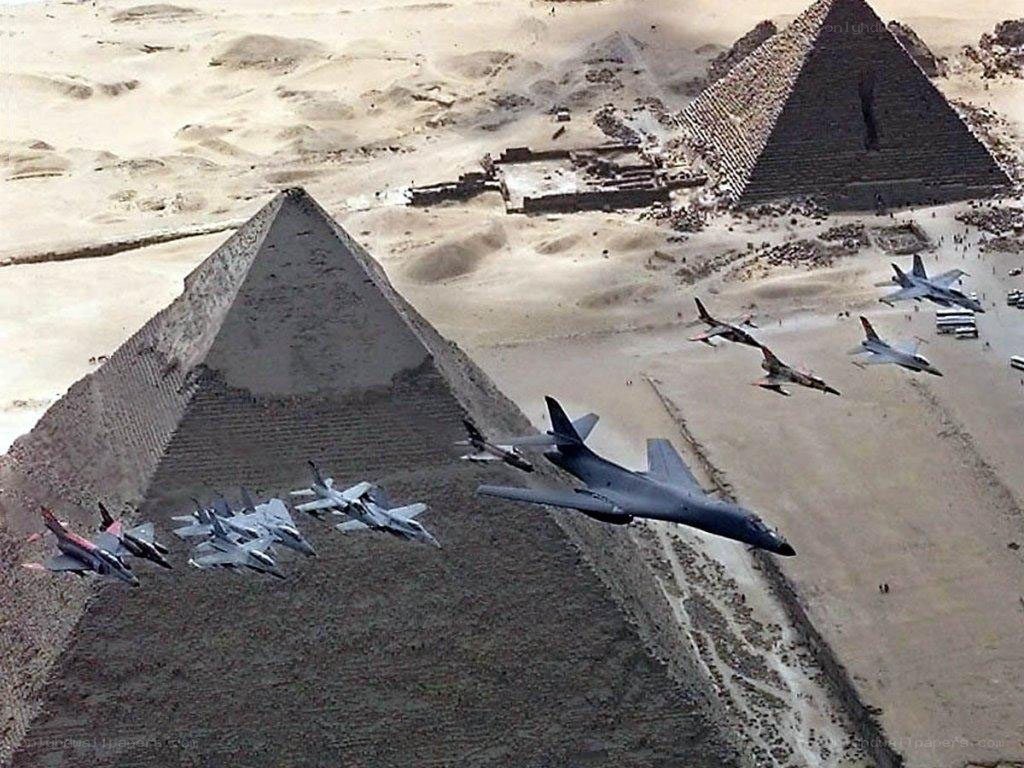Fighter jets over pyramids