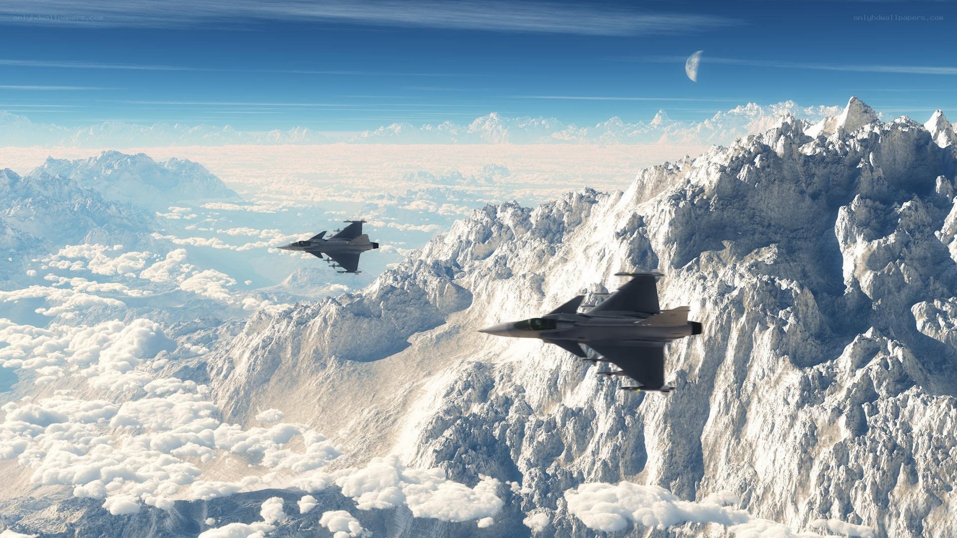 Fighter jets over snowy mountains