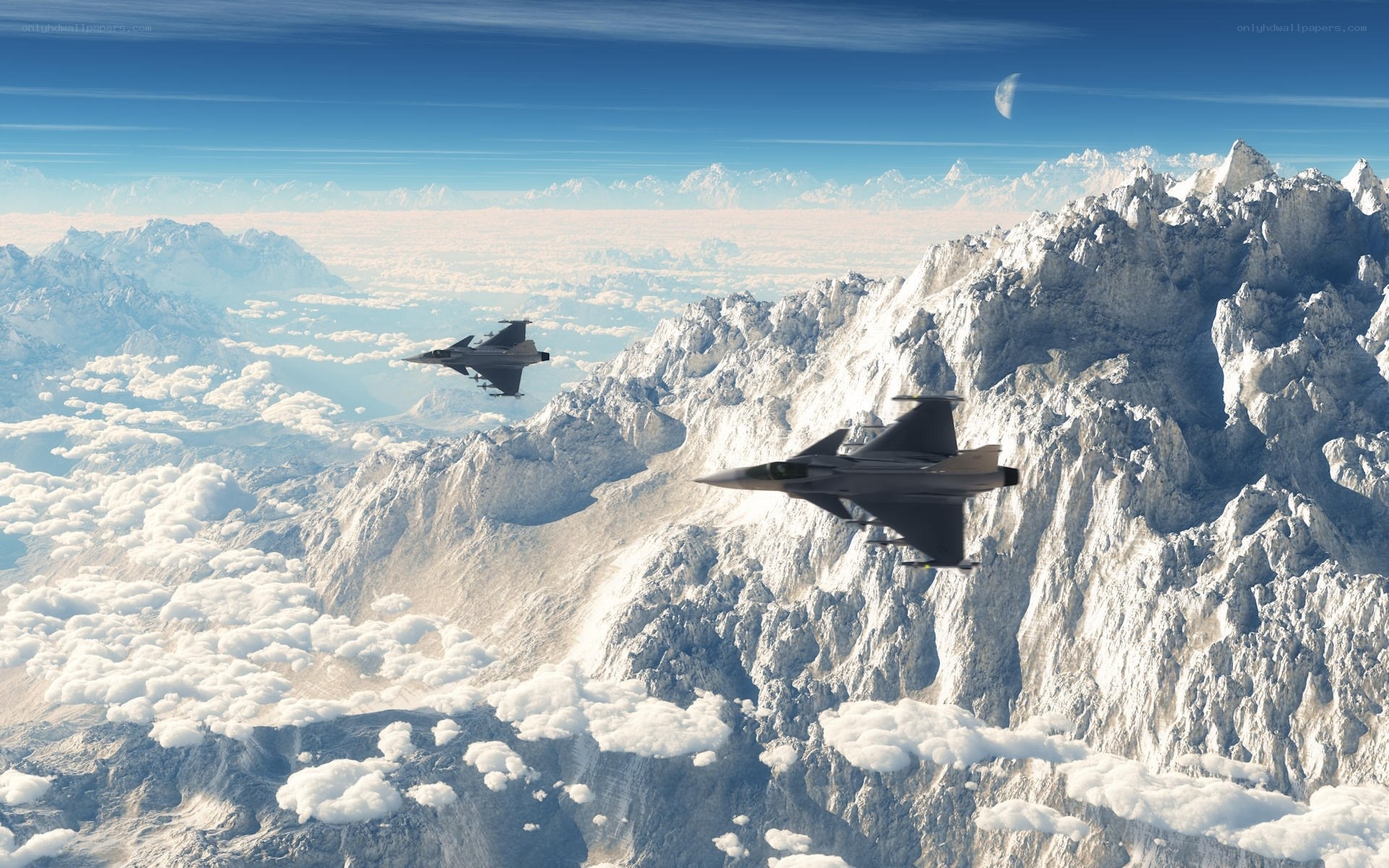 Fighter jets over snowy mountains