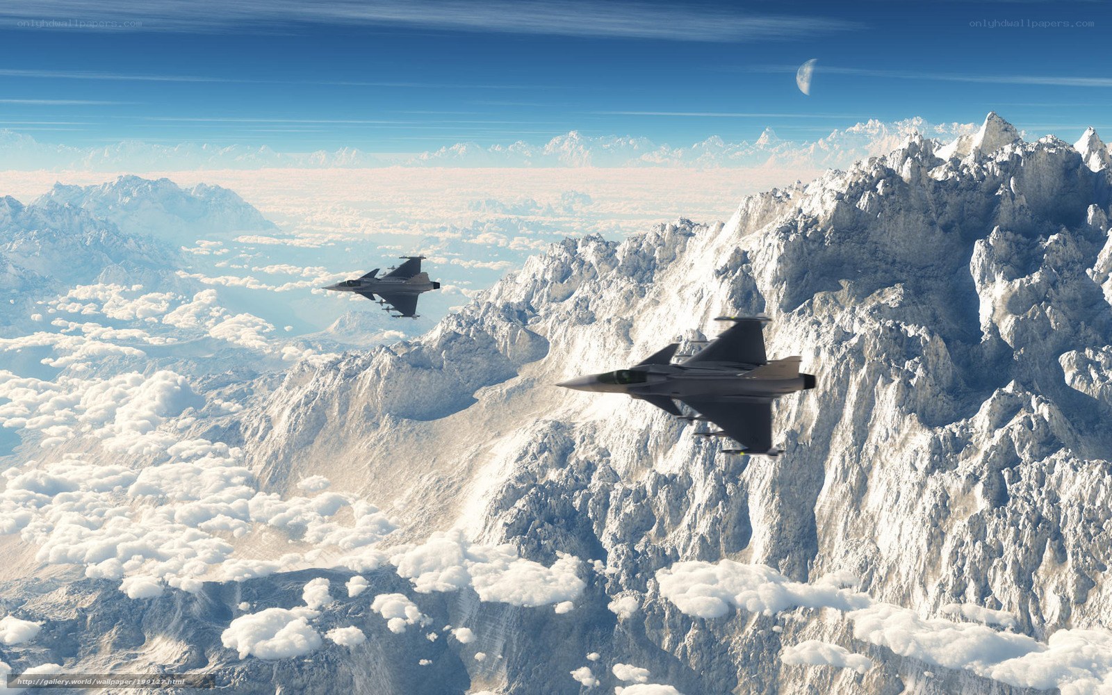 Fighter jets over snowy mountains