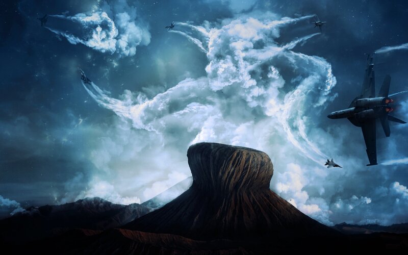 Fighter Jets over Volcano — Blue, Dramatic