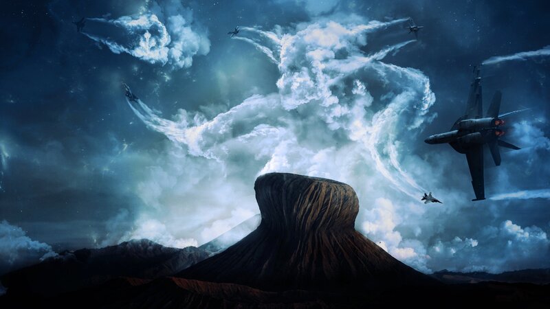 Fighter Jets over Volcano — Blue