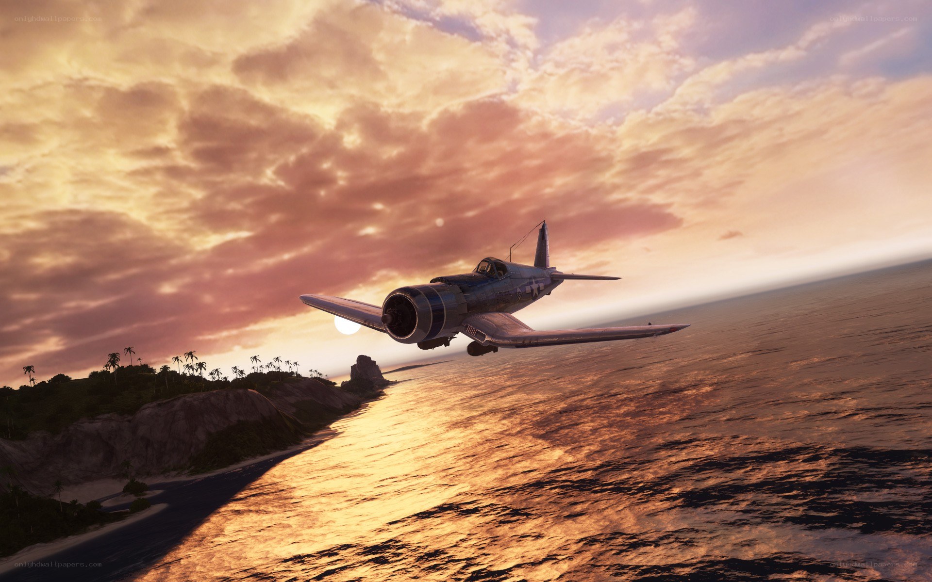 Fighter plane over tropical island