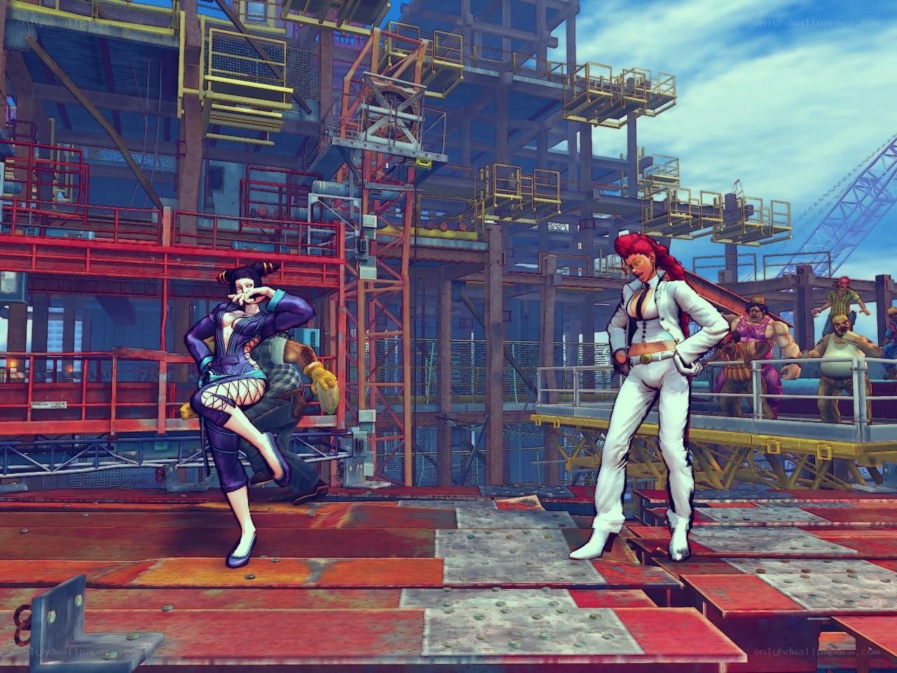 fighting game characters on construction site