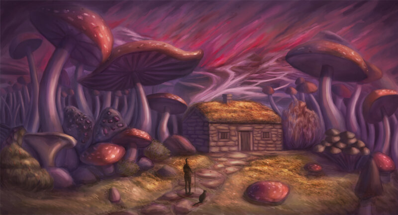 Figure and Cat in Mushroom Forest