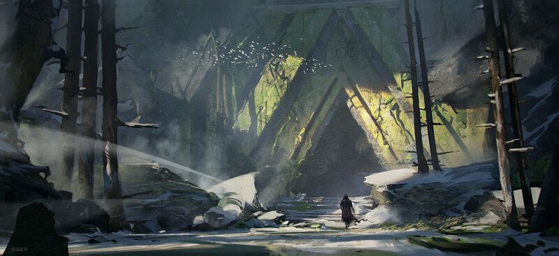 Figure Approaching Ancient Ruin