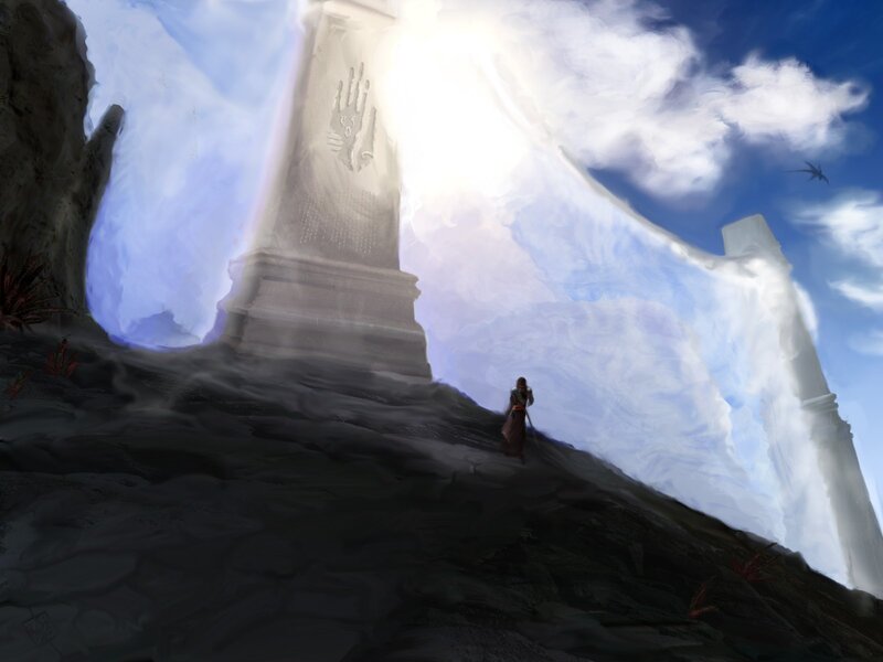 figure before a glowing monument