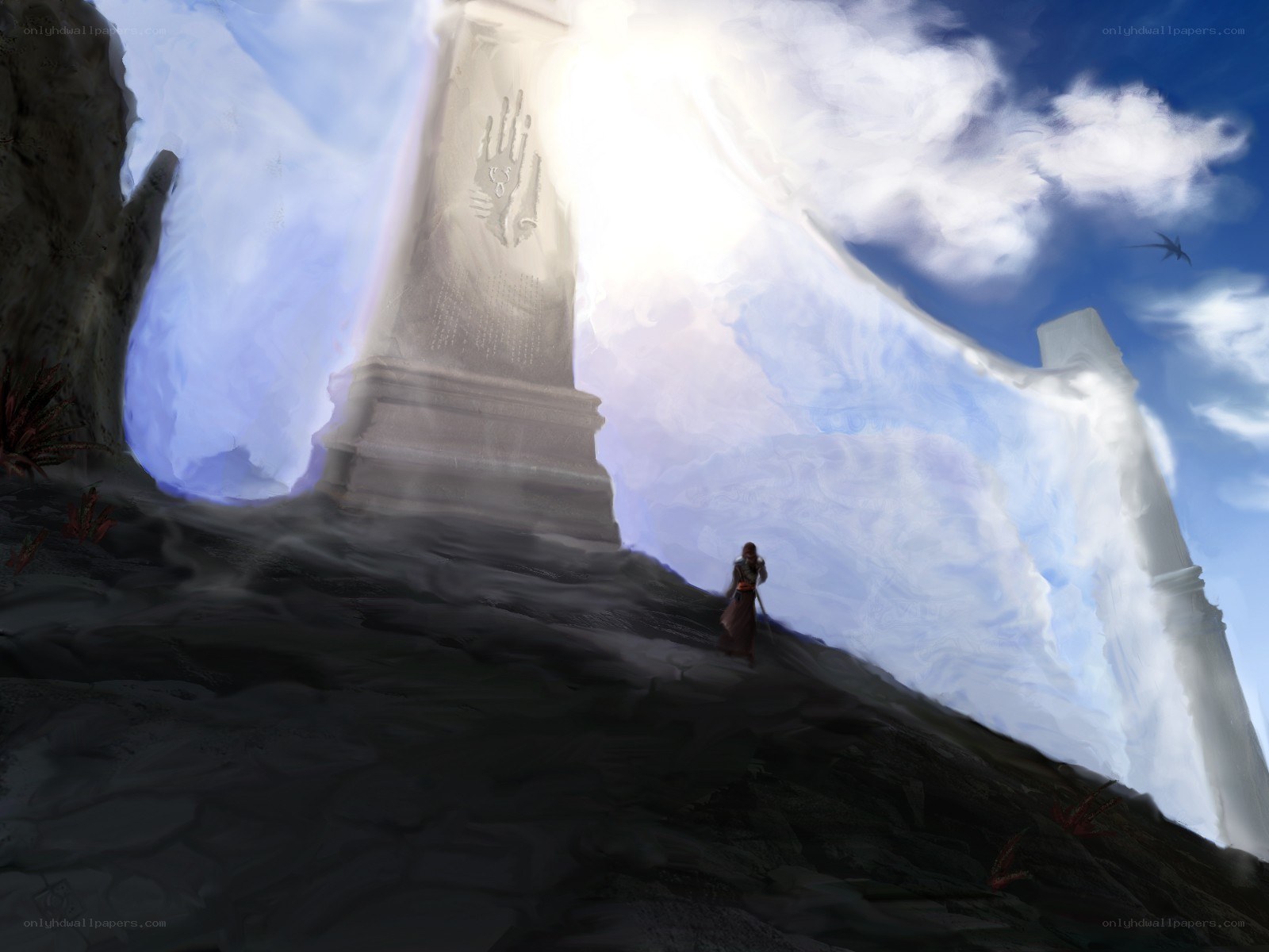 figure before a glowing monument