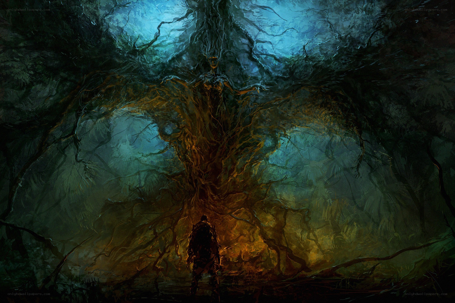 figure before ancient tree spirit