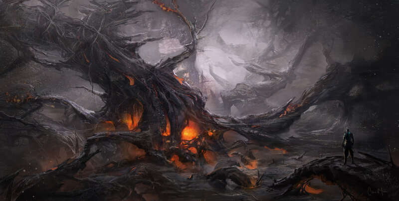 Figure Before Burning Tree — Black, Dramatic