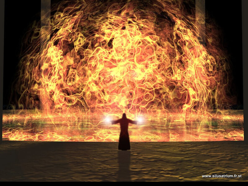 figure before fiery sphere