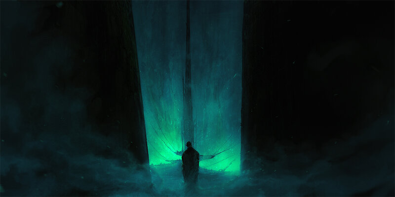 figure before glowing portal