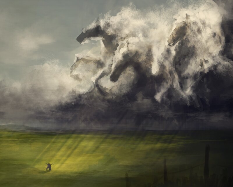 figure facing spectral horses