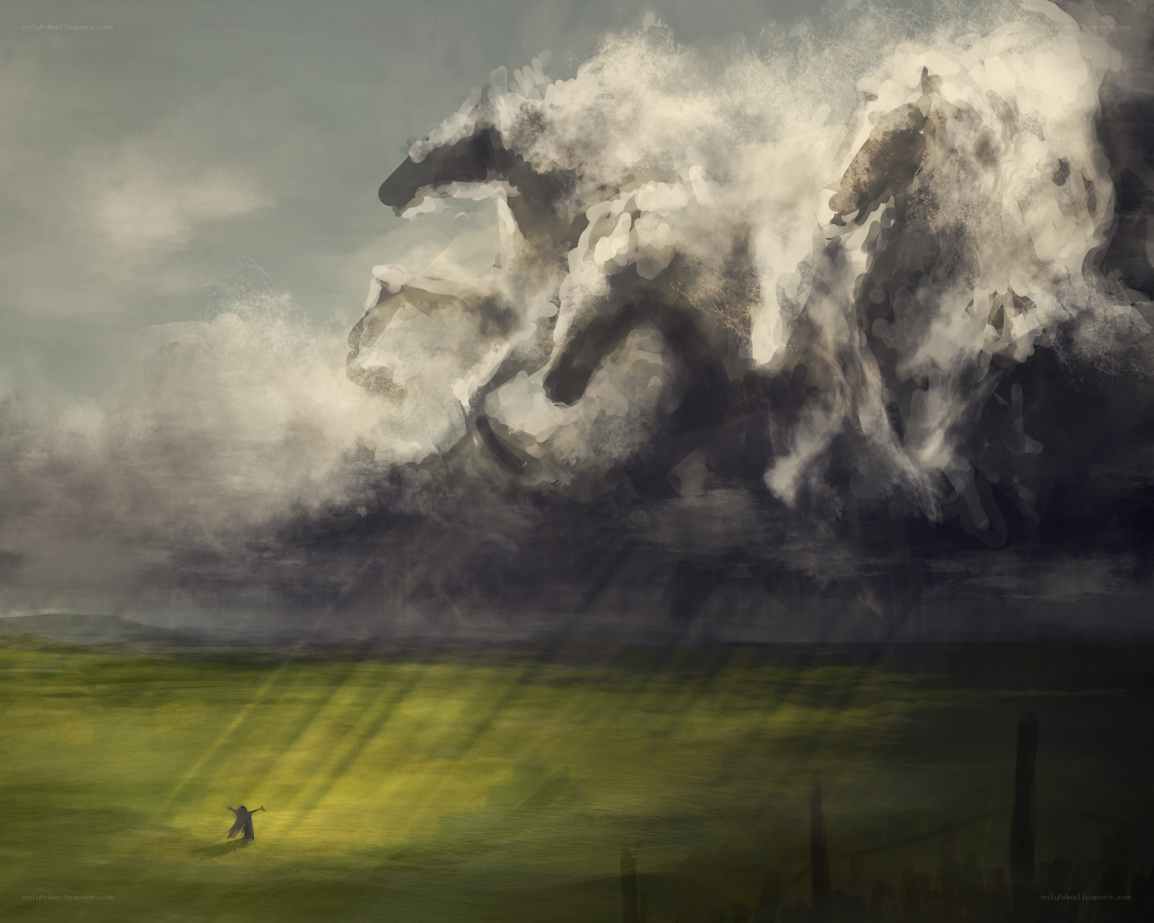 figure facing spectral horses