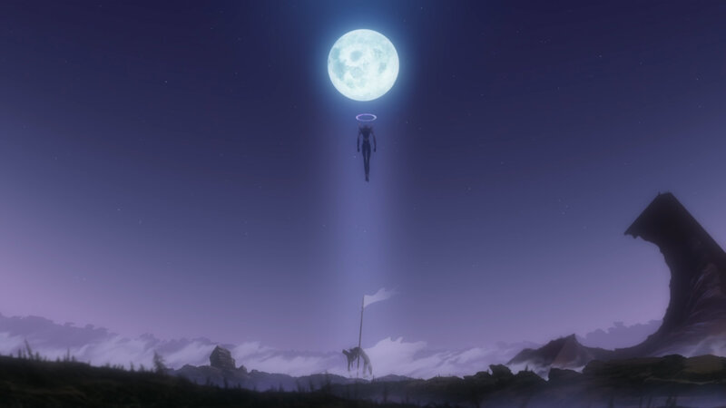 Figure Floating in Sky — Purple, Dramatic