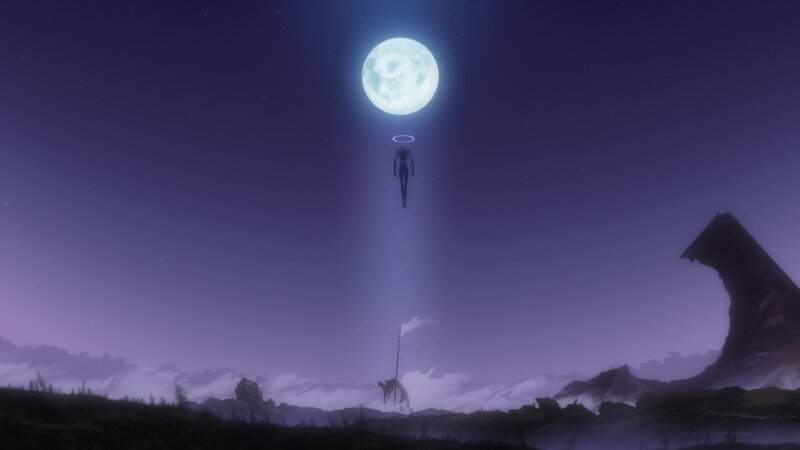 figure floating under moon