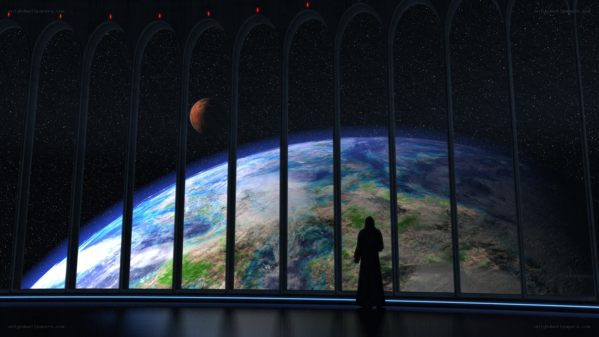 figure gazes at planet