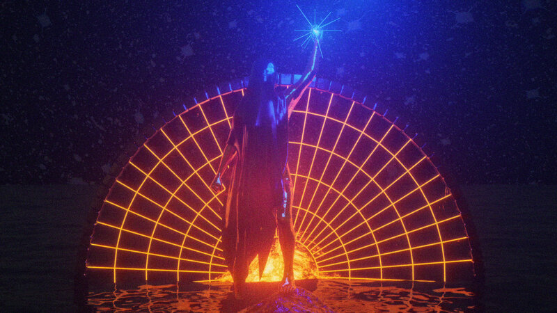 Figure Holding Glowing Orb — Blue, Dramatic
