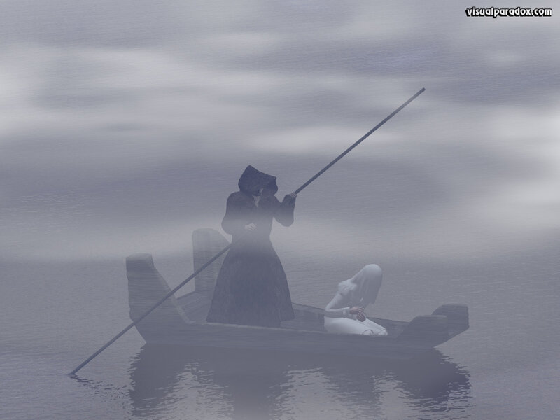 Figure in a Boat — Gray, Somber, 3d Render