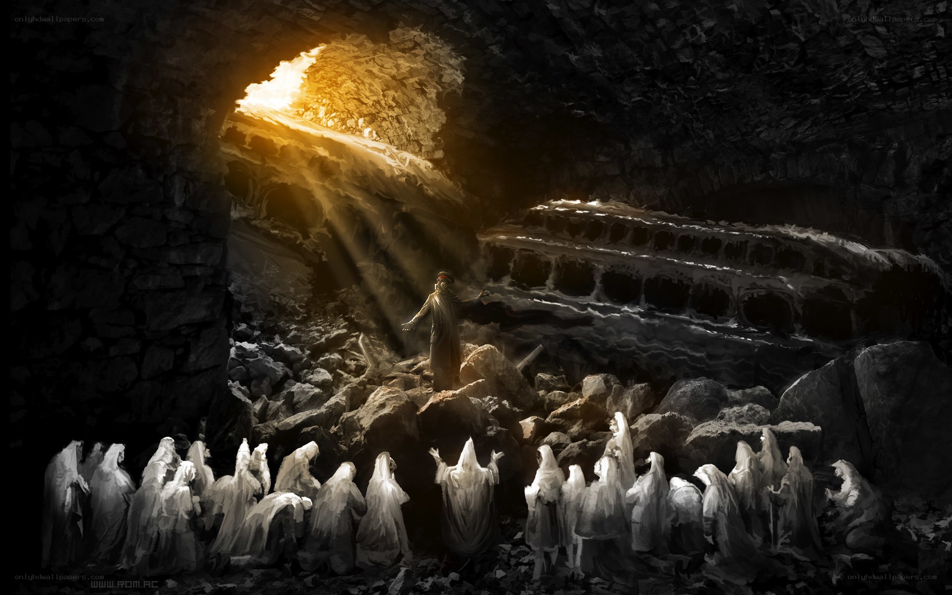Figure in a cave with glowing light