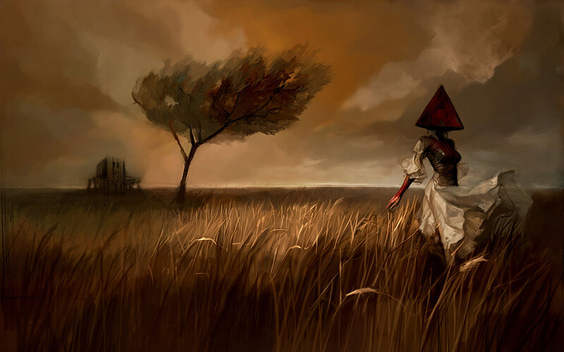 figure in a field at dusk