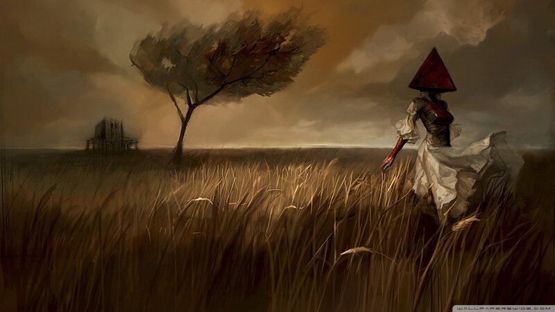 Figure in a Field — Brown, Dramatic, Sunset, Digital Art