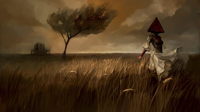 figure in a field with a red hat