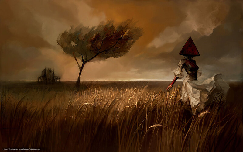 figure in a field with a red hat