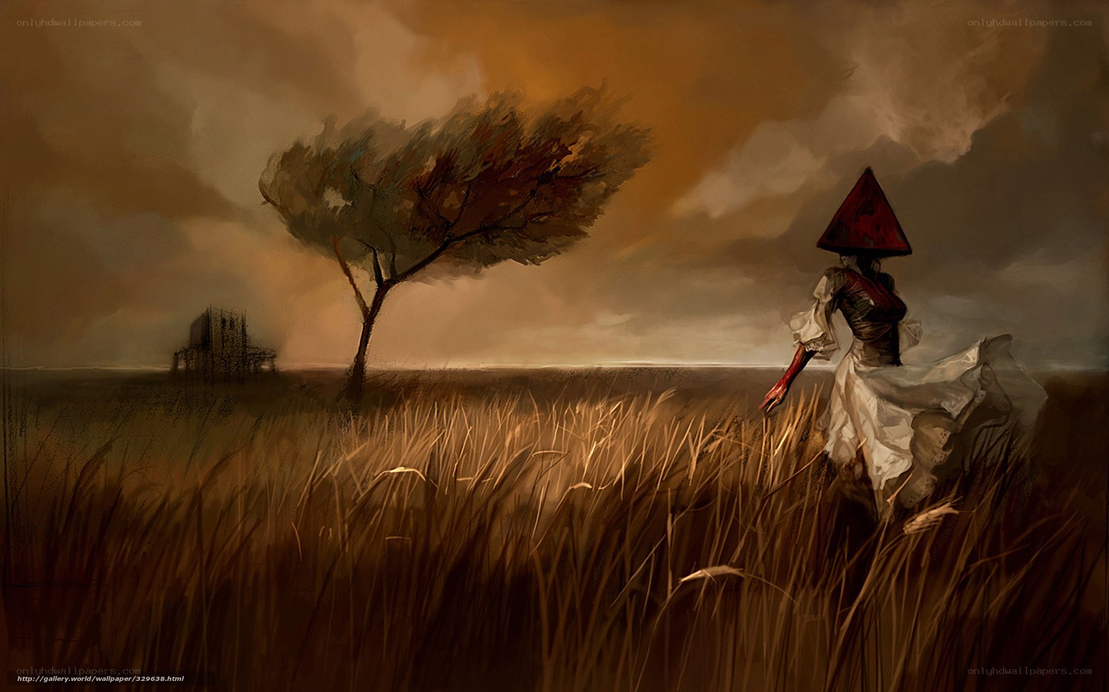 figure in a field with a red hat