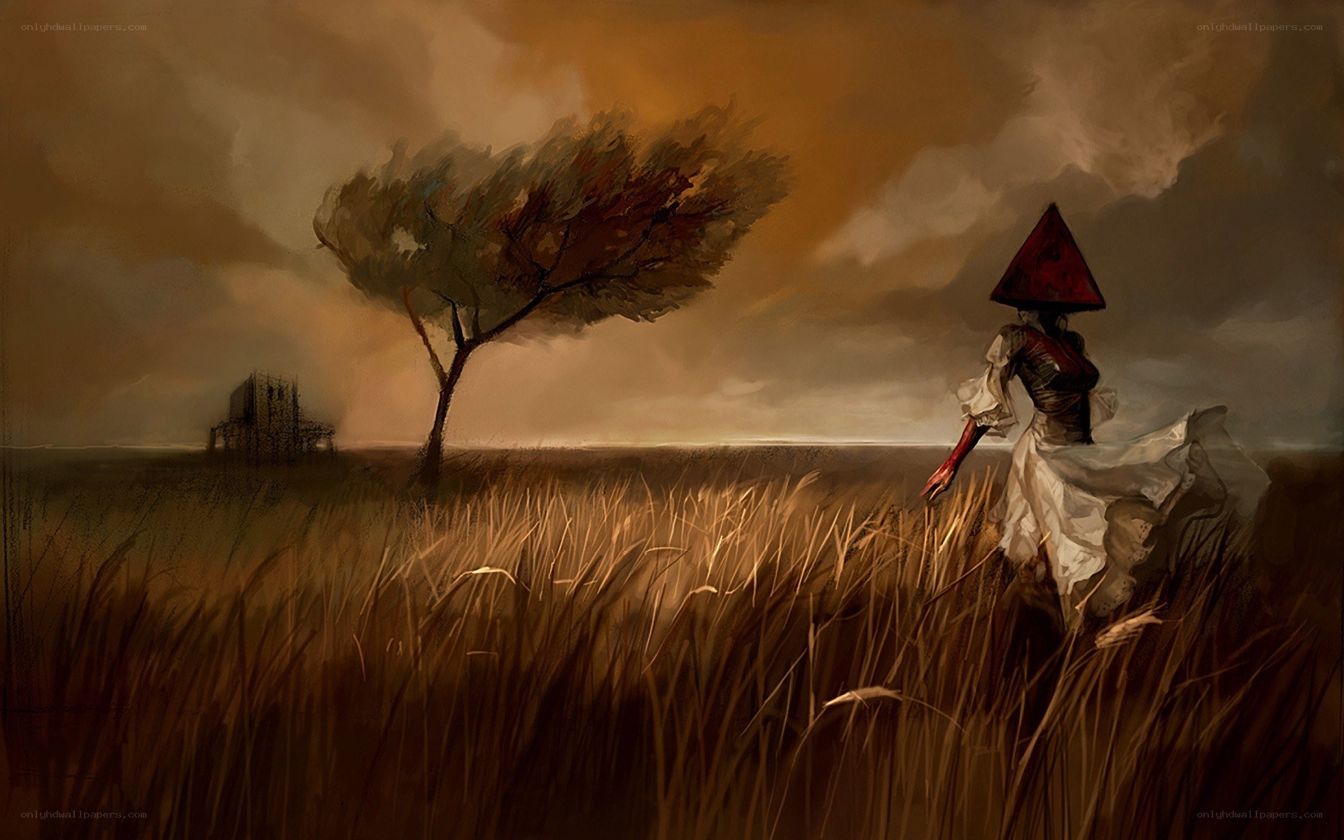 figure in a field with red hat