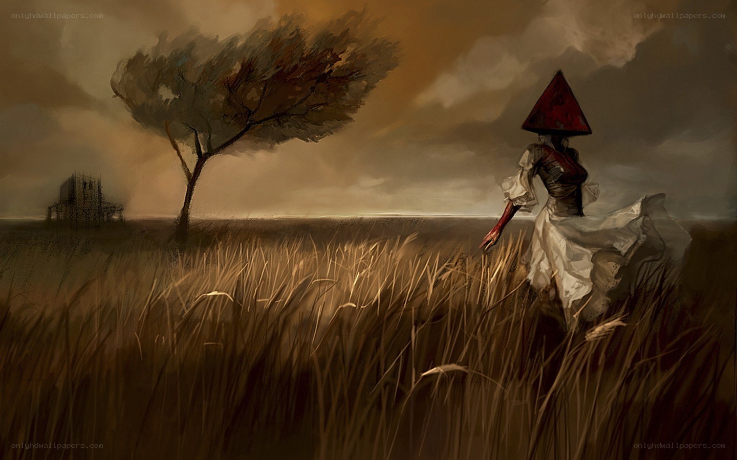 figure in a field with red hat