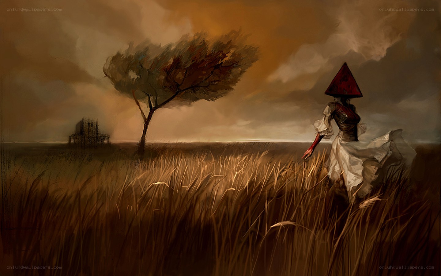 figure in a field with red hat