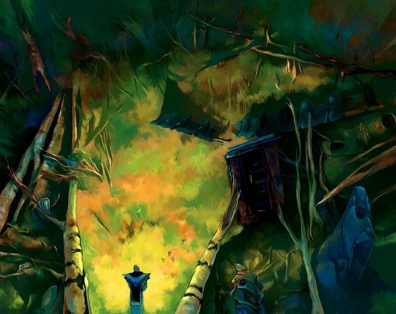 Figure in a Forest Clearing — Green, Mysterious