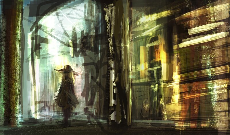 figure in a glowing alley