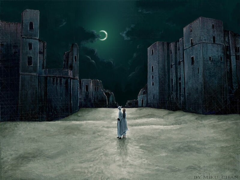 Figure in a ruined city at night