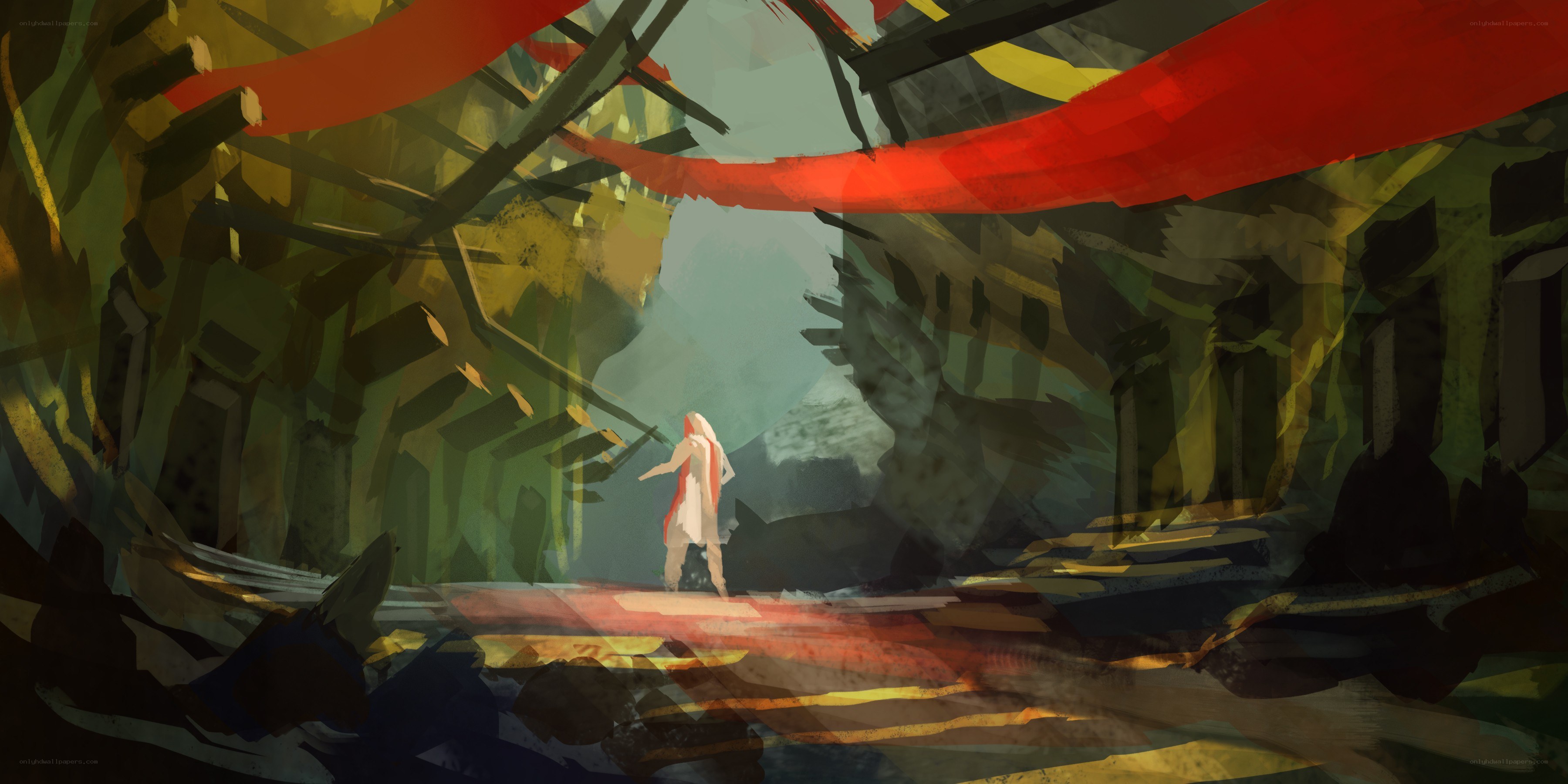 figure in a ruined corridor