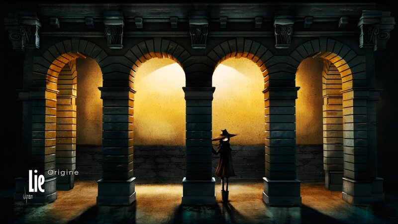 Figure in a stone corridor