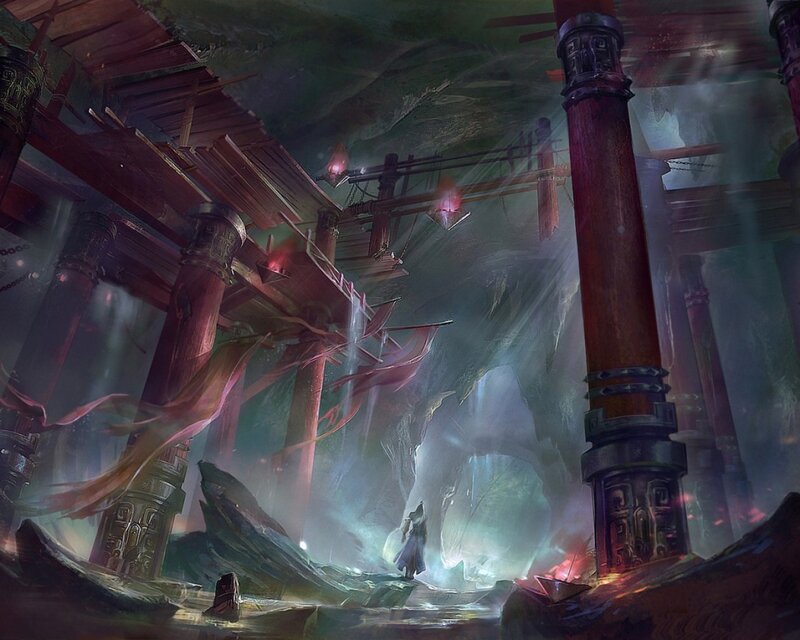 Figure in Ancient Ruin — Green, Dramatic