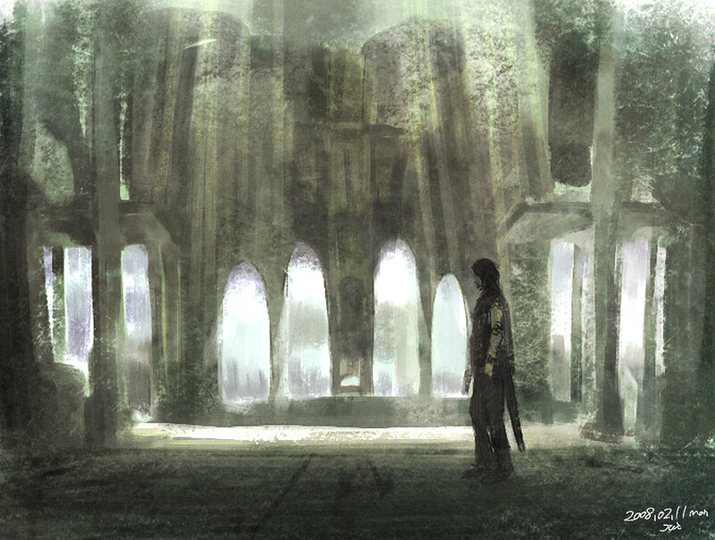 figure in ancient ruins