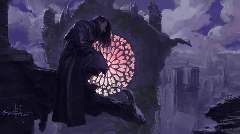 Figure in Black Cloak — Purple, Dramatic