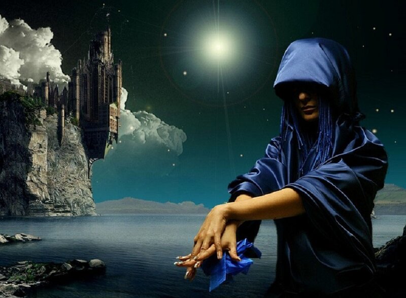 figure in blue cloak by water