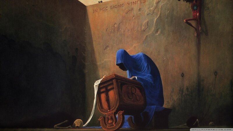 Figure in Blue Robe — Dramatic, Painting, Skull, Chest