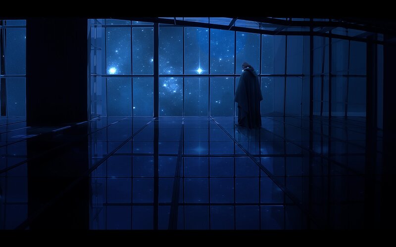 figure in cloak gazes at stars