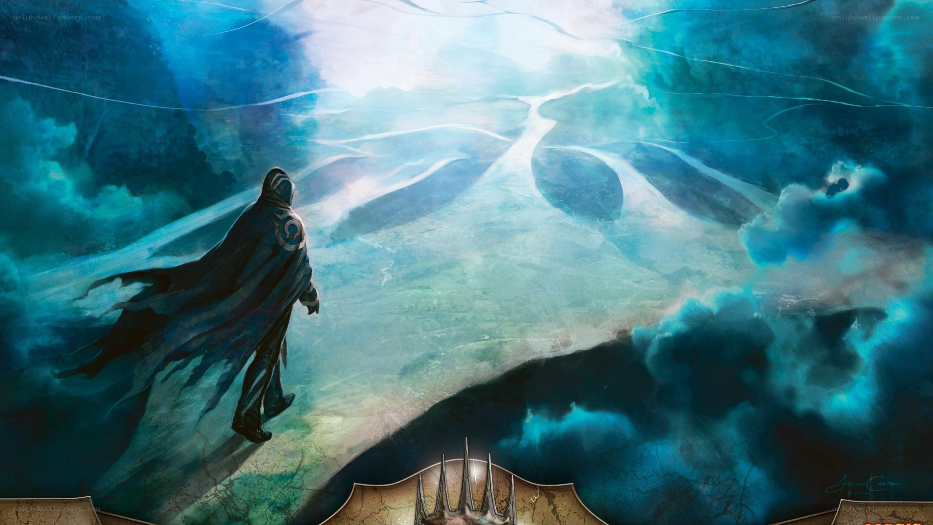 figure in cloak overlooking landscape