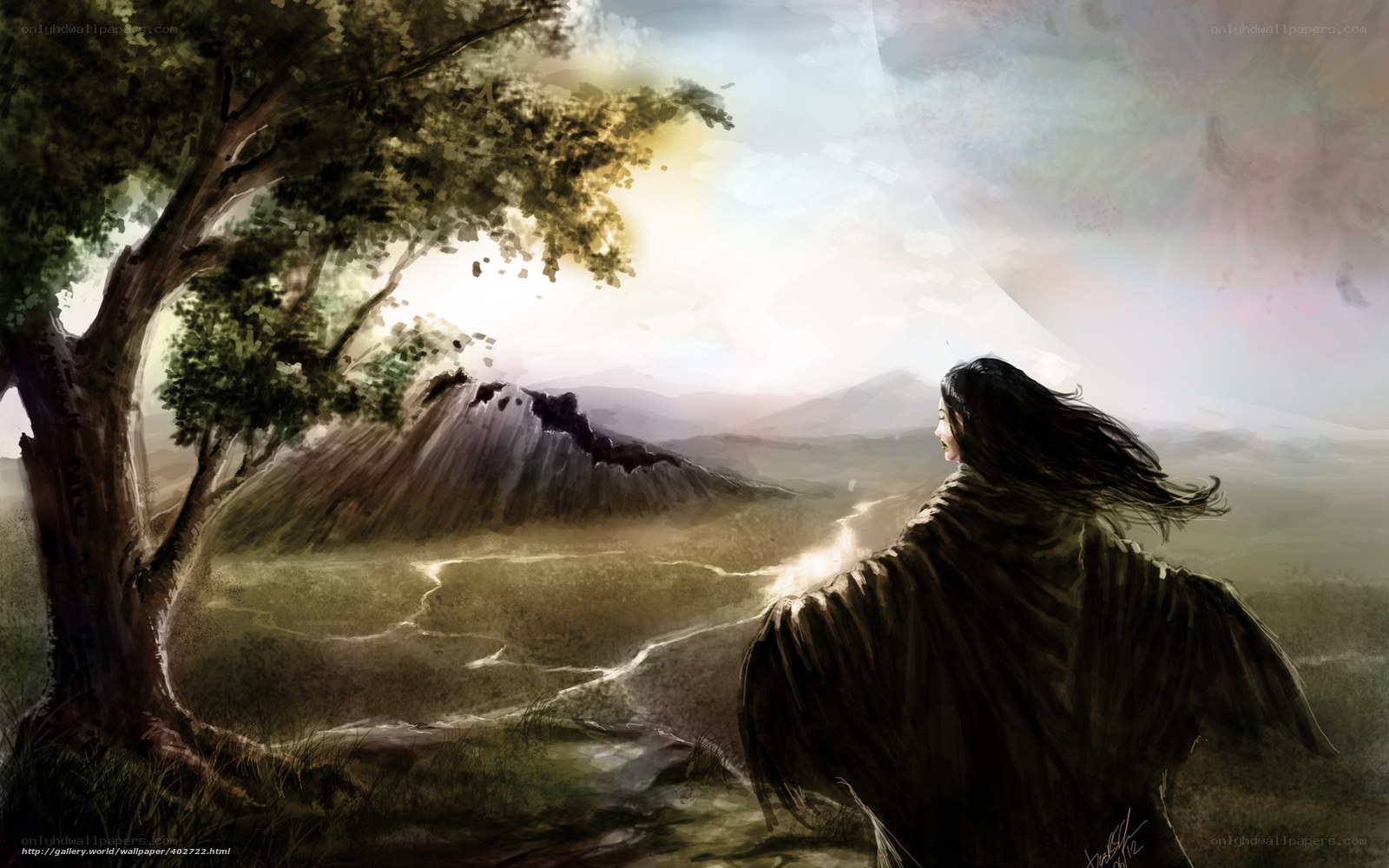 figure in cloak overlooking valley